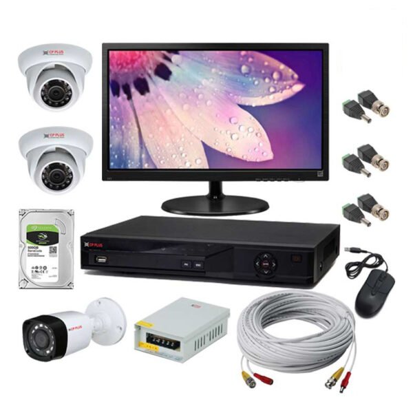 CP Plus 4 Channel DVR with 2 Indoor & 1 Outdoor CCTV Camera 15.1″ LED Monitor Surveillance Kit