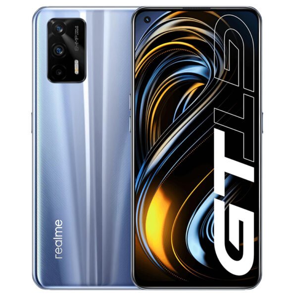 realme GT 5G in Dashing Silver Comes with 8GB RAM, 128GB, 6.43-inch 120Hz Display, Snapdragon 888 Processor, 64MP Triple Rear Camera, 16MP Front Camera, and 4500mAh Battery with 65W Fast Charging.