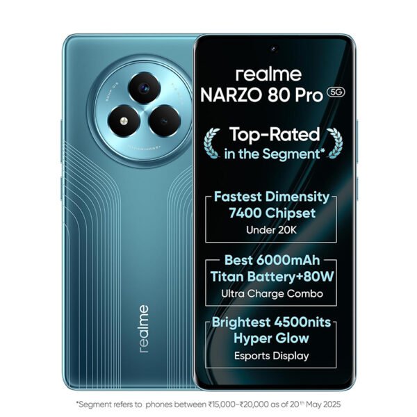 realme NARZO 80 Pro 5G (Racing Green,8GB+256GB) | Segment's 1st MediaTek Dimensity 7400 Chipset | 6000mAh Titan Battery + 80W Ultra Charge | 4500nits HyperGlow Esports Display | IP69 Waterproof