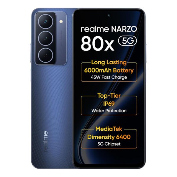 Realme NARZO 80x 5G (Deep Ocean,6GB+128GB) | Dimensity 6400 5G Chipset | 6000mAh Long-Lasting Battery | 45W Fast Charge | 120Hz Eye Comfort Display | IP69 Top-Tier Waterproof