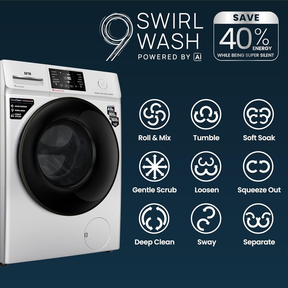 IFB 8 Kg 5 Star Powered by AI with 9 Swirl Wash, WiFi, Fully Automatic Front Load Washing Machine (Senator SXN 8014, Steam Refresh Program with Eco Inverter, Rich Silver) - Image 2