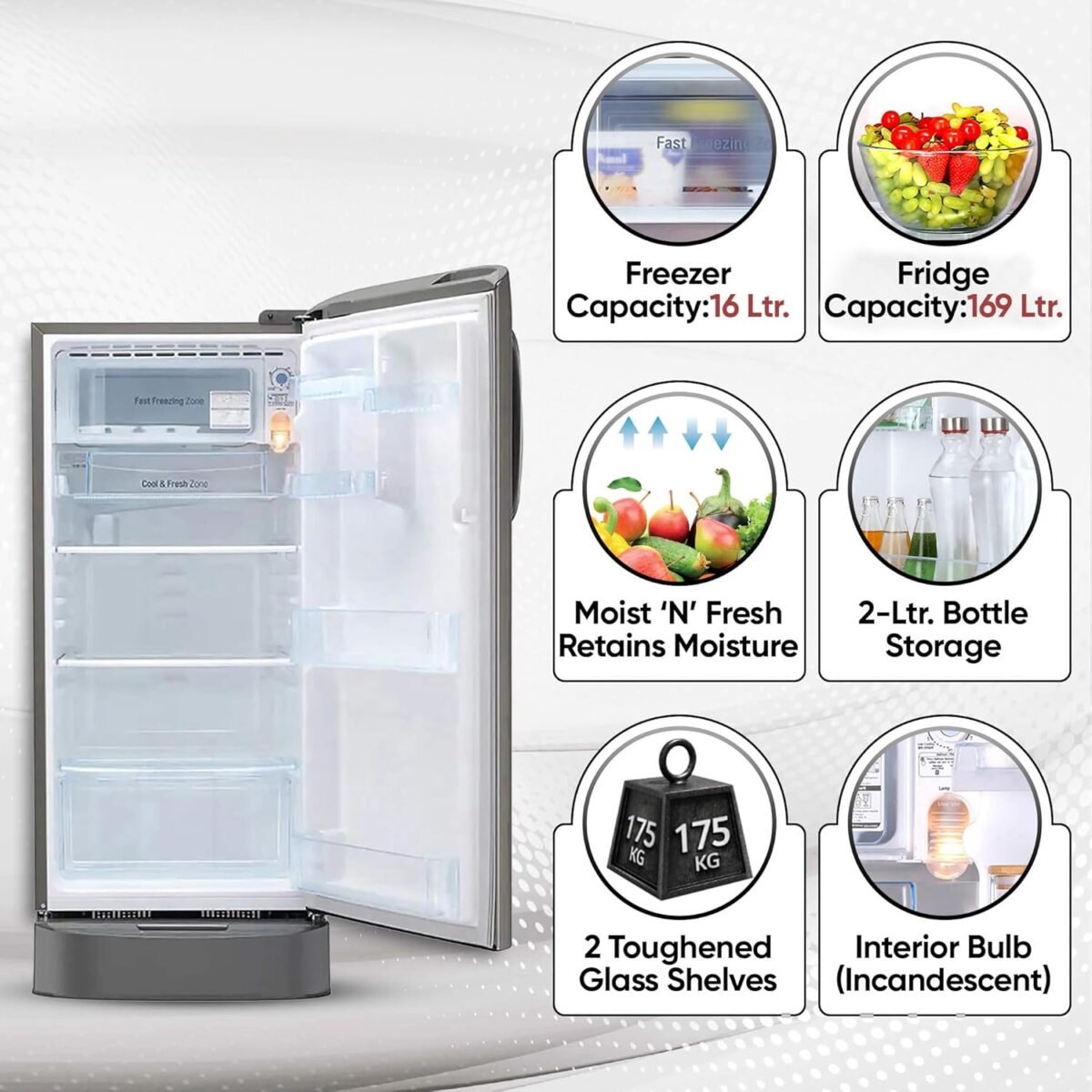 LG 185 L 5 Star Inverter Direct-Cool Single Door Refrigerator (GL-D201APZU, Shiny Steel, Base stand with drawer) - Image 2