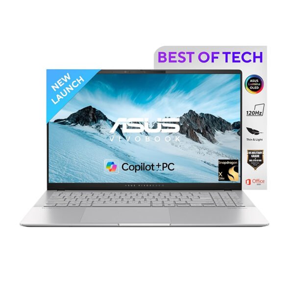 ASUS Vivobook S15,Snapdragon X Elite X1E,Copilot+ AI PC(Qualcomm Adreno iGPU/45TOPS/16GB RAM/1TB SSD/3K OLED/15.6"/120Hz/Backlit Keyboard/Windows 11/Office 2021/Cool Silver/1.42 kg) S5507QAD-MA751WS