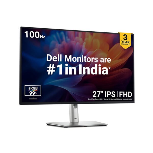 Dell P2725H 27 Inch FHD IPS Monitor, Anti-Glare, 99% SRGB, 100Hz, 5Ms (Fast), Ports: HDMI(1), DP 1.2, VGA, 3X USB 3.2 Gen1 (A), USB 3.2 Gen1 Type-C [15W PD] | Height Tilt Swivel Pivot