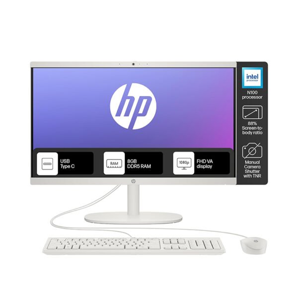 HP All-in-One Desktop,Intel® Celeron -N100,21.45 inch(54.5cm),FHD,Anti-Glare,8 GB DDR5, 512GB SSD,Dual 2W Speakers,White Wired Keyboard and Mouse Combo,White, Windows 11, 4.17kg,22-dg0153in