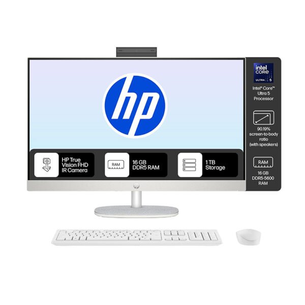 HP All-in-One, Intel Core Ultra 5 125U (16GB DDR5,1TB SSD) IPS, 300 nits, Anti-Glare, 27inch(68.6cm) FHD, Win11, M365, Office24, Shell White, 6.72kg, FHD IR tilt Camera w/Privacy shuttter, 27-cr1027in
