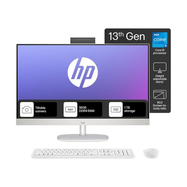 HP All-in-One PC 13th Gen Intel Core i5 27" (68.6cm) FHD 16GB RAM, 1TB SSD, Intel UMA Graphics, 710 White Wireless Keyboard and Mouse Combo (Windows 11 Home, MSO 21, Shell White, 6.72 Kg) 27-cr0407in