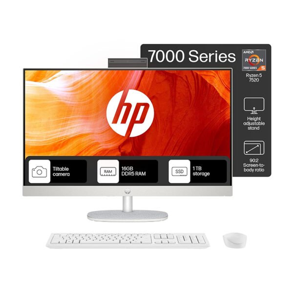 HP All-in-One PC Ryzen 5 7520U 27-inch(68.6cm) FHD IPS Display, 16GB LPDDR5, 1TB SSD, AMD Radeon Graphics, Wireless Keyboard and mouse combo, FHD Camera, (Win 11, MSO, Shell White, 6.72Kg) 27-cr0445in