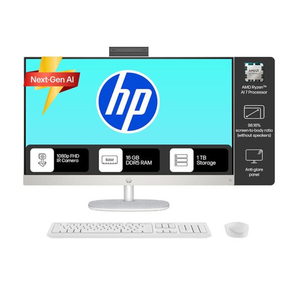 HP Next Gen AI AIO, AMD Ryzen AI 7 350, 50 Tops,(16GB DDR5,1TB SSD) IPS, 300 nits, Anti-Glare, 27inch(68.6cm) FHD, Win 11, Office24, Shell White, 11.9kg, FHD Camera w/Privacy shuttter, 27-ct2073in