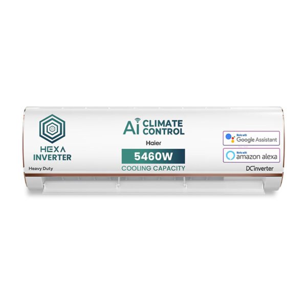 Haier 1.6 Ton 5 Star AI Climate Control Smart Split AC (5460W, Copper, HEXA Inverter, Heavy Duty, 4 Way Swing, Frost Clean, HD Filter, Cools at 60°C, 20 Mtrs Air Throw- HSU19K-PYAIR5BN-INV, White)