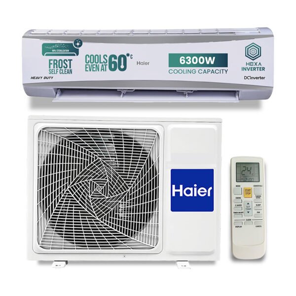 Haier 2 Ton 3 Star HEXA Inverter Split AC (6300 Watts, Copper, 7 in 1 Convertible, Heavy Duty, HD Filter, Frost Self Clean, Cools at 60°C, 20 mtrs Air Throw - HSU24HD-ANW3BN-INV- White)