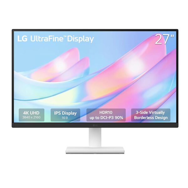 LG 27US500-W, 27 Inch Ultrafine Monitor, IPS, 4K UHD (3840x2160), 60Hz,HDR10 up to 90% DCI-P3 Color gamut, Borderless Design, Reader Mode, Flicker Safe, HDMI X 2, DisplayPort, Head Phone Out - White