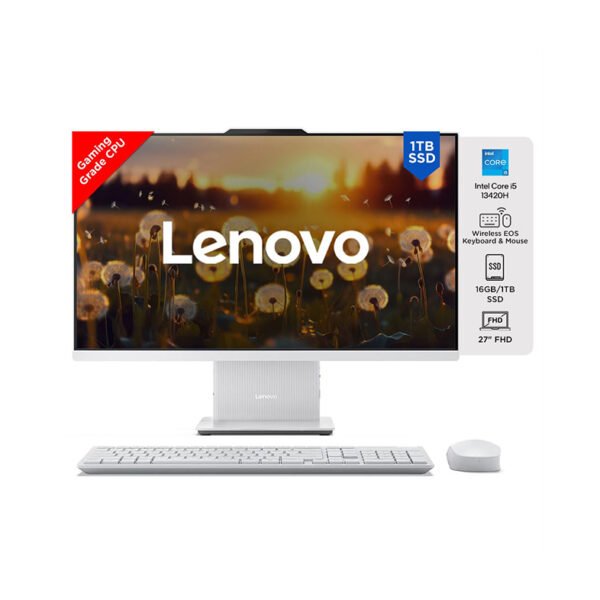 Lenovo IdeaCentre AIO Intel Core i5 13420H 27" FHD IPS 3-Side Edgeless All-in-One Desktop with Alexa Built-in (16GB/1TB SSD/Win11/Office 2021/5.0MP+IR Camera/Wireless EOS Keyboard & Mouse), F0HM003CIN