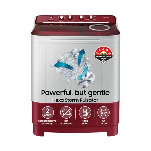 Samsung 7.5 Kg Inverter 5 Star Semi Automatic Top Load Washing Machine (WT75B3200RR/TL, Light Grey & Red Base, Air turbo drying)