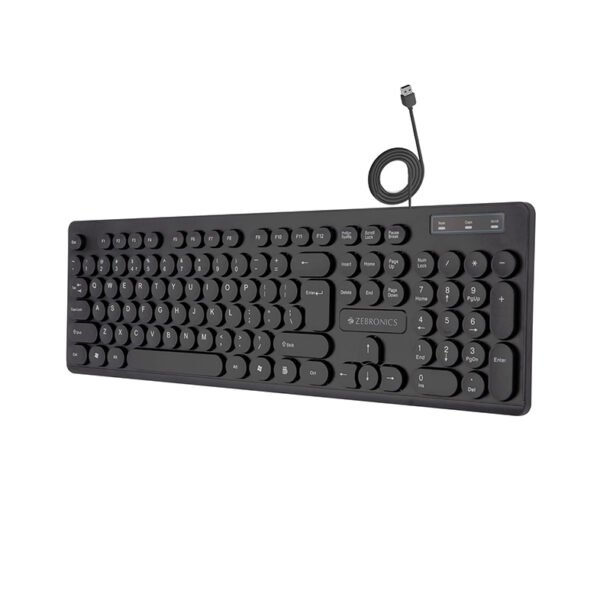 ZEBRONICS K24 USB Keyboard with Long Life 8 Million Keystrokes, Silent & Comfortable Use, Slim Design, Retractable Stand, 1.5 Meter Textured Cable, Chiclet Keys and Uv Coated Keycaps