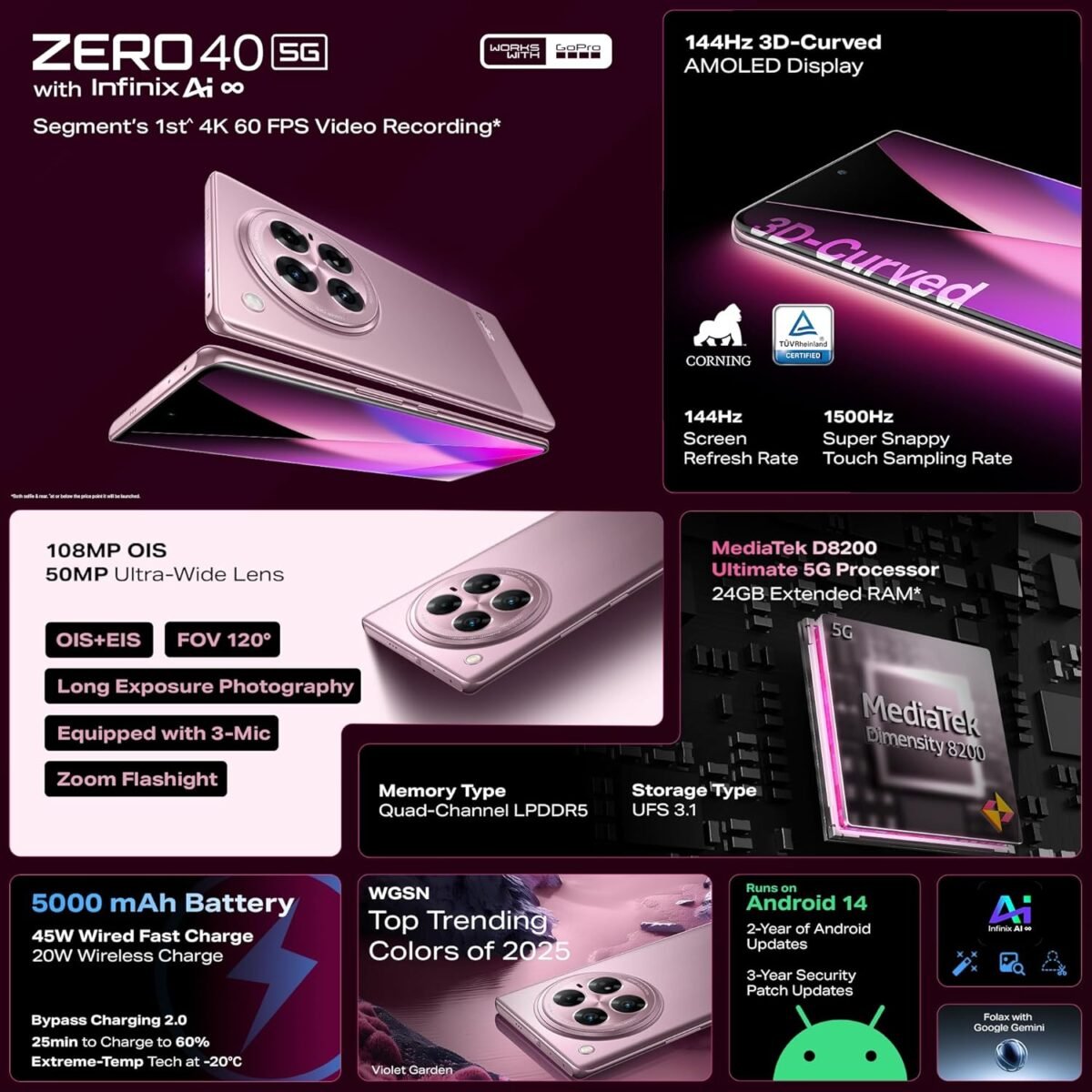 Infinix Zero 40 5G (Rock Black, 12GB RAM, 256 GB Storage) 12 GB Virtual RAM | 4K 60FPS Video Recording | 144Hz 3D Curved AMOLED Display | 108MP OIS Triple Camera AI - Image 2