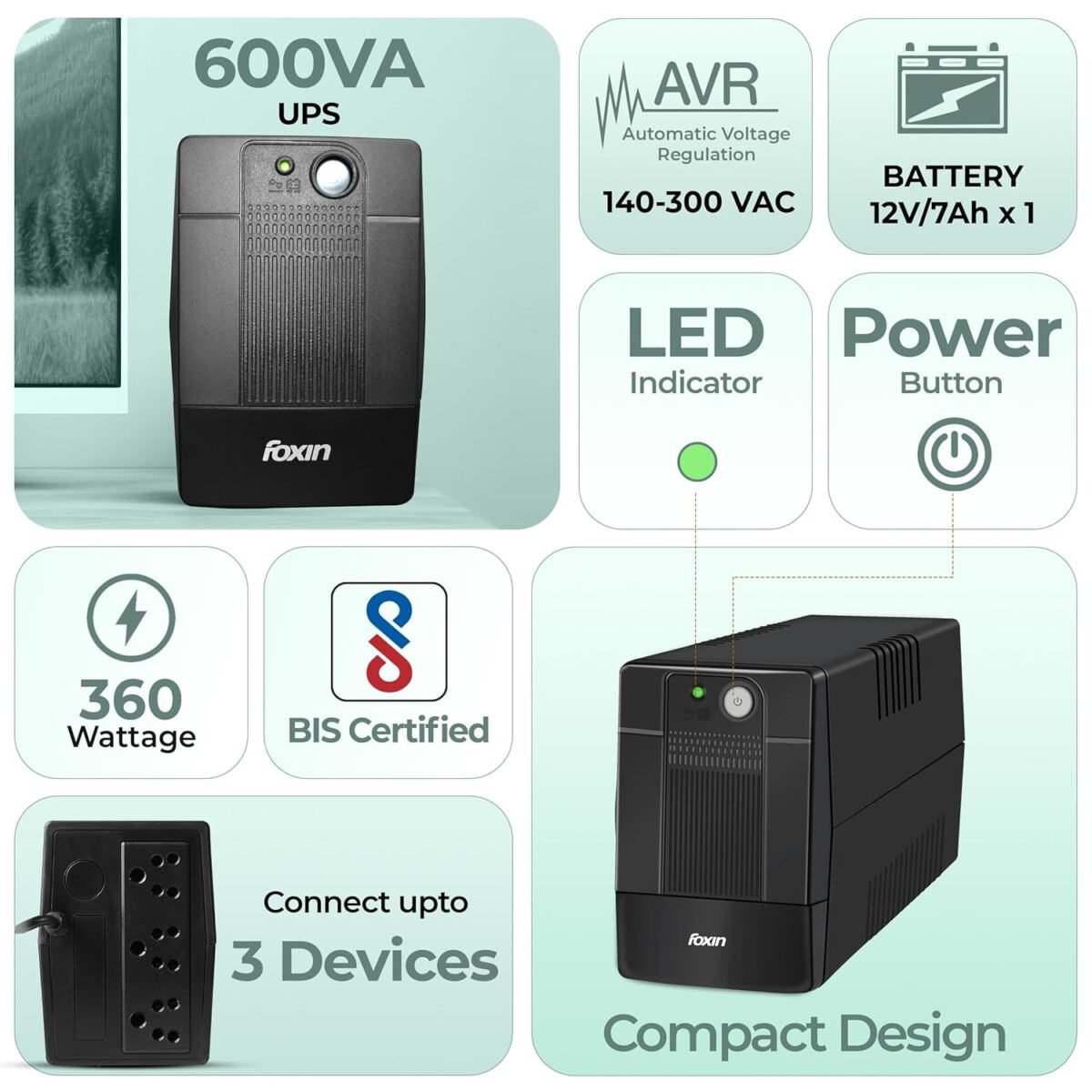 Foxin 600VA/360W UPS for PC, Computer, Router, | UPS with AVR, Auto Restart & Generator Compatibility | LED Indicator | Power Backup for Desktop | BIS Certified | 2-Year Warranty - Image 2