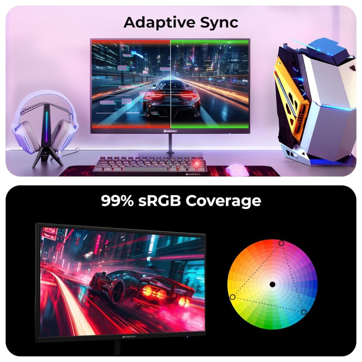ZEBRONICS N24A 24"(60.4 cm) Gaming Monitor, FHD 1920x1080, IPS-Antiglare Display, 280Nits, 180Hz, 1ms MPRT, HDR10, 99% sRGB, Adaptive Sync, 1 x DP | 1 x HDMI | 1 x 3.5mm - Image 2