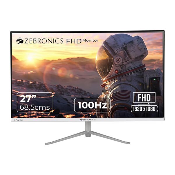 Zebronics A27FHD LED 27 Inch (68.5 cm) Monitor, 100Hz Refresh Rate, HDMI, VGA, FHD 1920x1080, 250nits Brightness, Built-in Speaker, 500000:1 Dynamic Contrast Ratio, 16:9 Aspect Ratio, Wall Mountable
